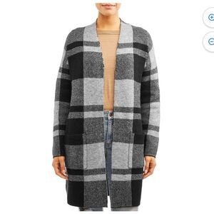 Time and Tru Women's Double Knit Plaid Cardigan Open Front Long Gingham